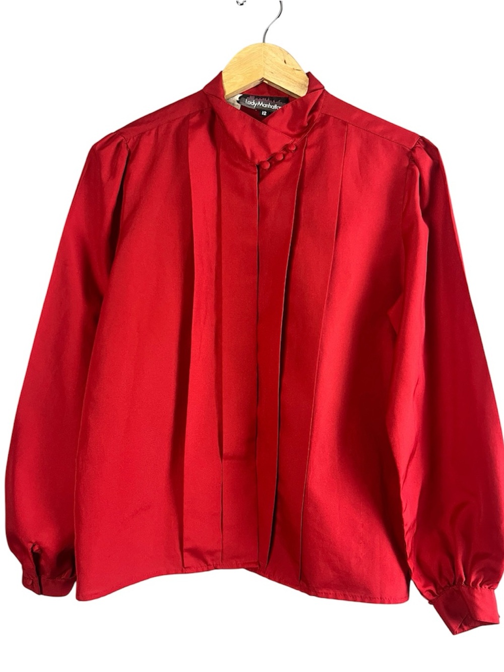 Vintage Lady Manhattan Red Pleated Blouse Puff Sleeve Secretary Size 12